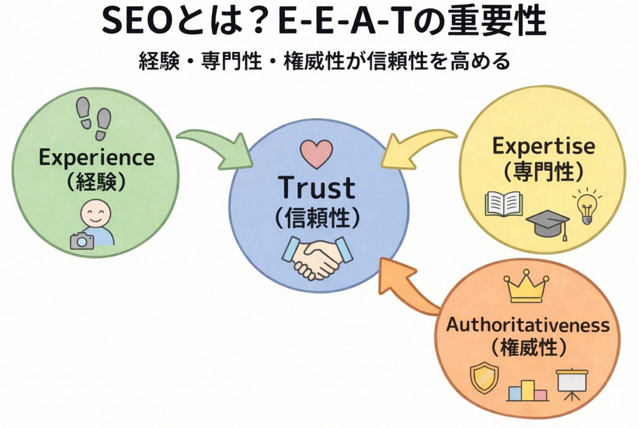 E-E-A-T(経験・専門性・権威性・信頼性)の4要素を視覚的に表現した図解