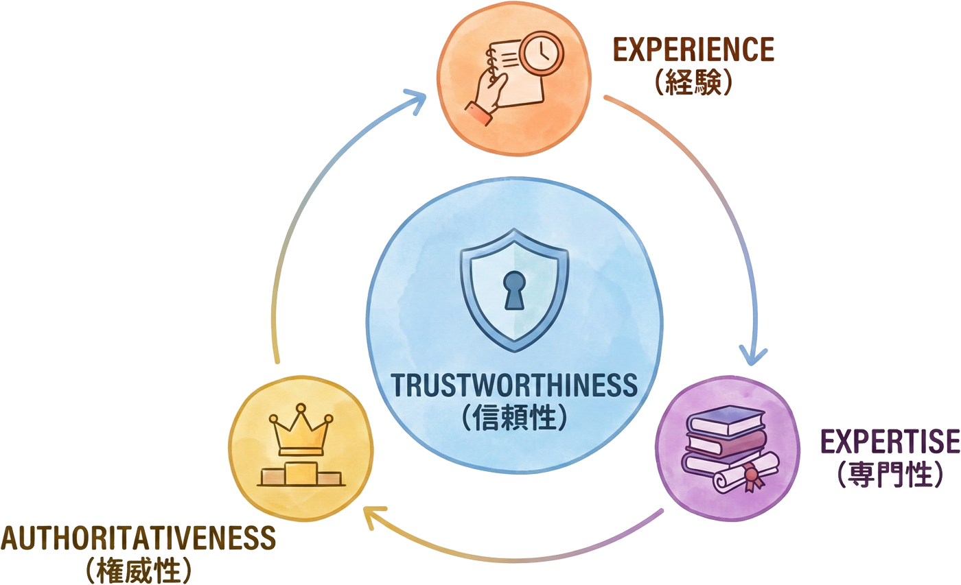 E-E-A-Tの4要素が信頼性を中心に配置された概念図