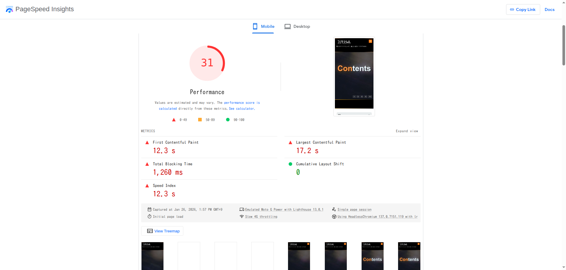 Google PageSpeed Insightsの計測結果画面