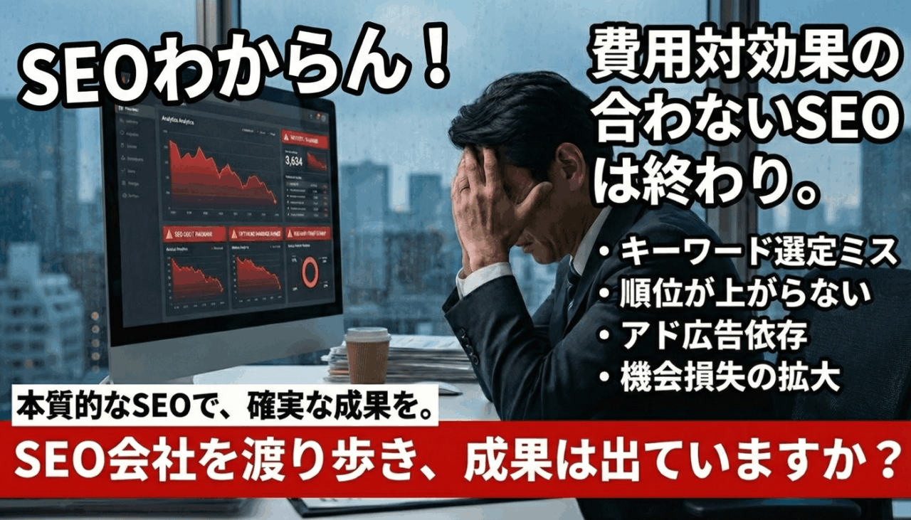 SEO対策の課題を抱えるビジネスパーソンのイメージ