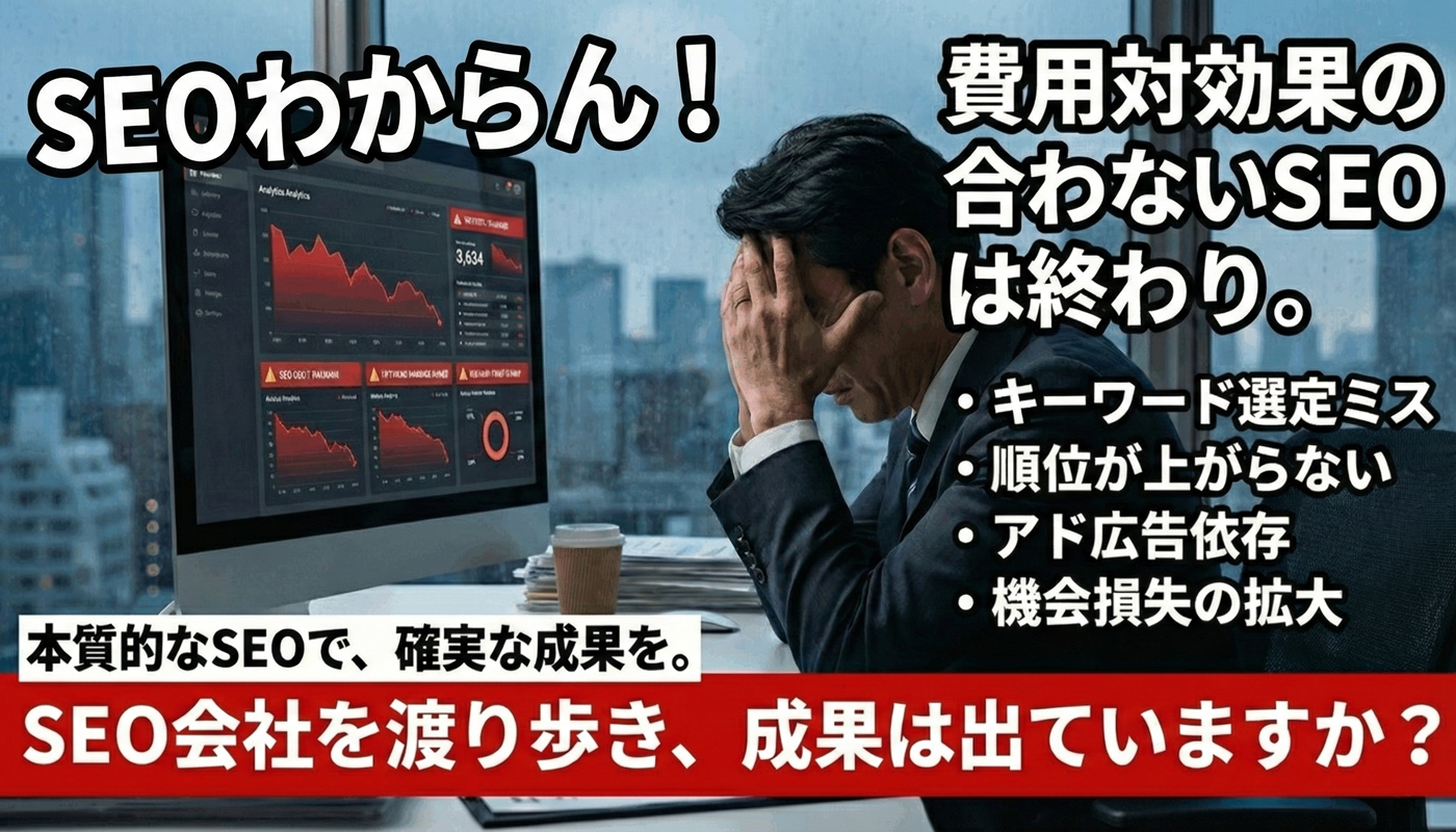 SEO対策の課題を抱えるビジネスパーソンのイメージ