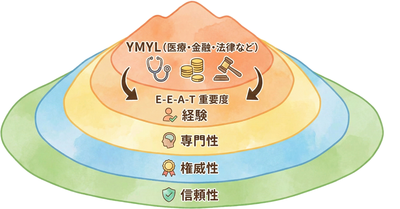 YMYL領域(医療・金融・法律など)とE-E-A-T重要度の関係を示す図解