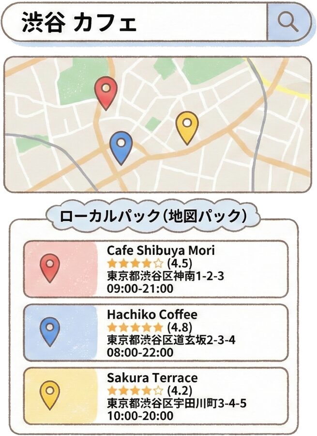 Googleマップの検索結果画面でローカルパックが表示される様子