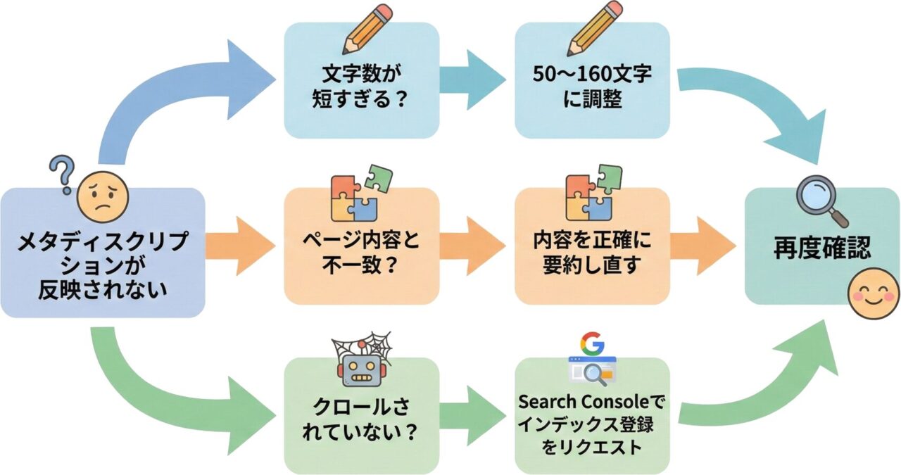 メタディスクリプションが書き換えられる原因と対処法のフローチャート