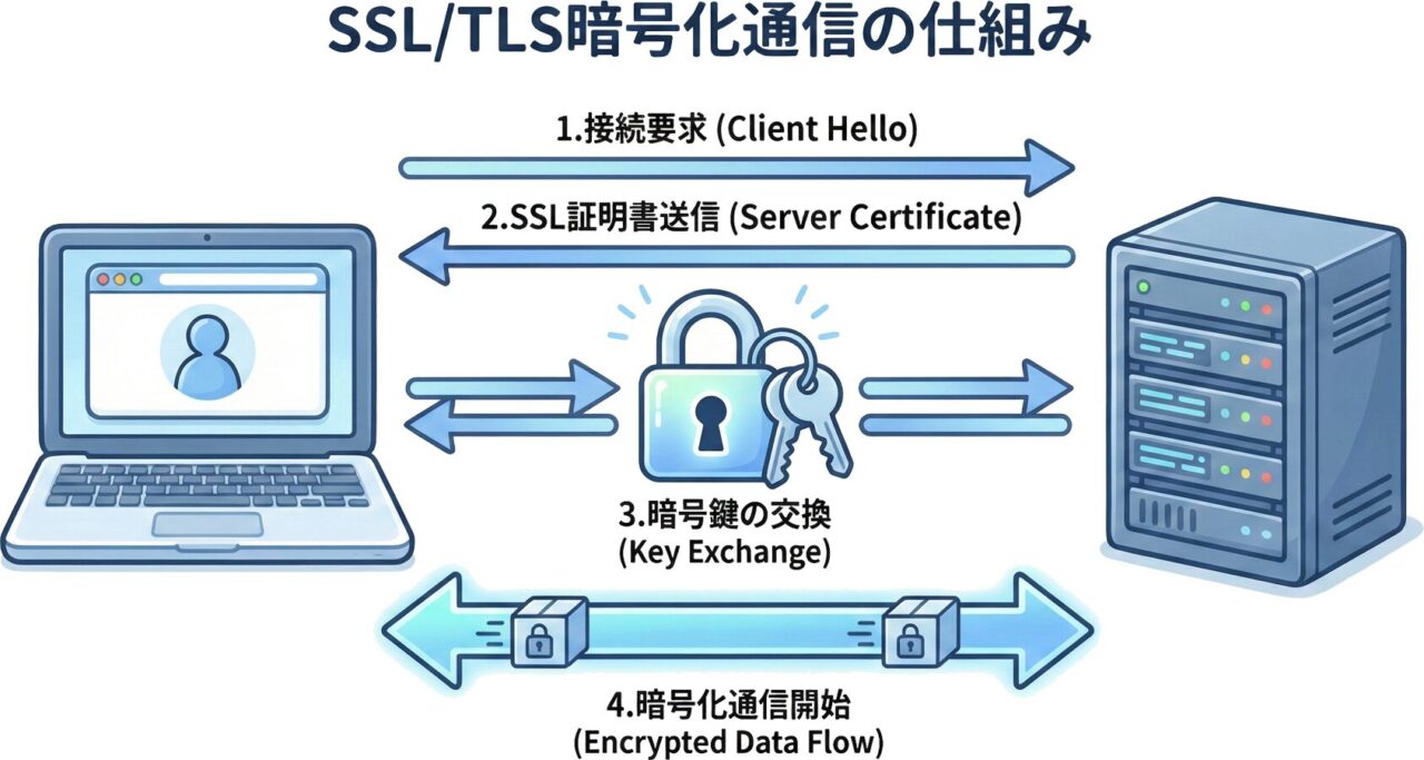 SSL/TLS暗号化通信の仕組みを示す図解(ブラウザとサーバー間の鍵交換プロセス)