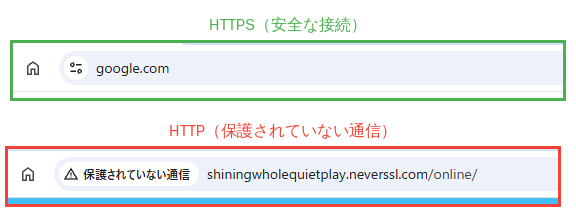 Google ChromeでHTTPSサイトにアクセスした際の鍵マーク表示と、HTTPサイトにアクセスした際の「保護されていない通信」警告の比較
