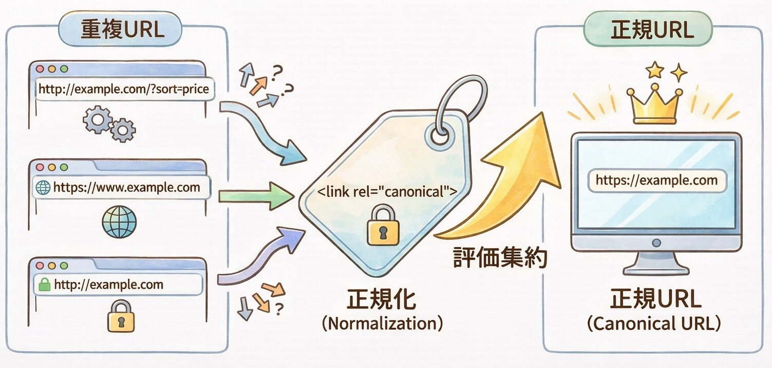 Canonicalタグによる正規化の仕組みを示す概念図。複数のURLから1つの正規URLに評価が集約される様子