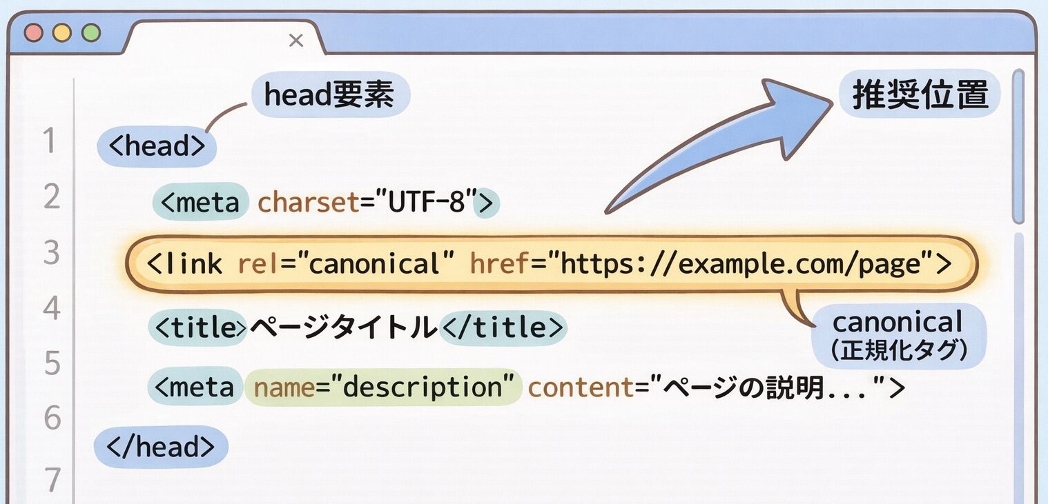 HTMLのhead要素内にCanonicalタグを記述する位置と正しい書式を示すコード例