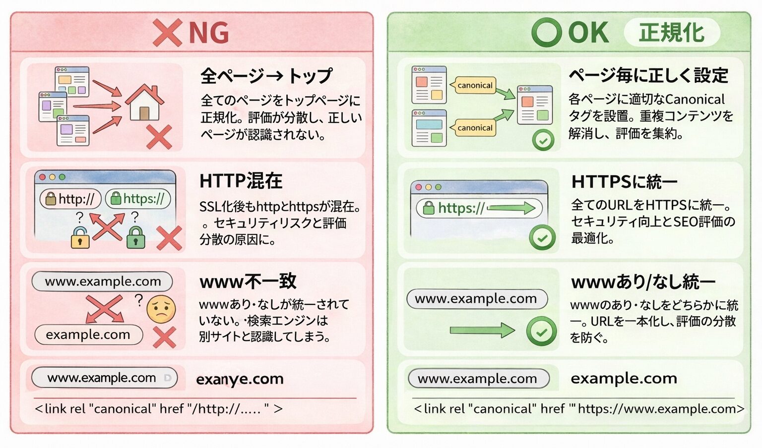 Canonicalタグ設定でよくある間違いを視覚的にまとめた図