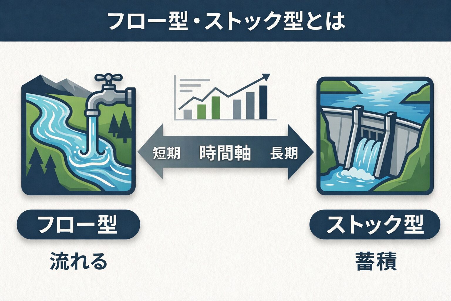フロー型とストック型の概念を川の流れ(フロー)とダム(ストック)に例えた図解