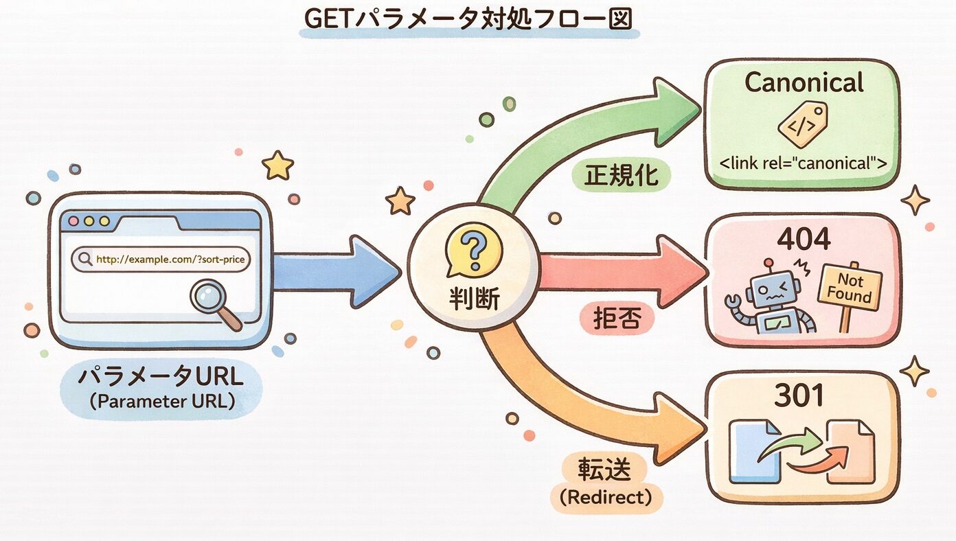 GETパラメータによる重複URLの対処フロー図