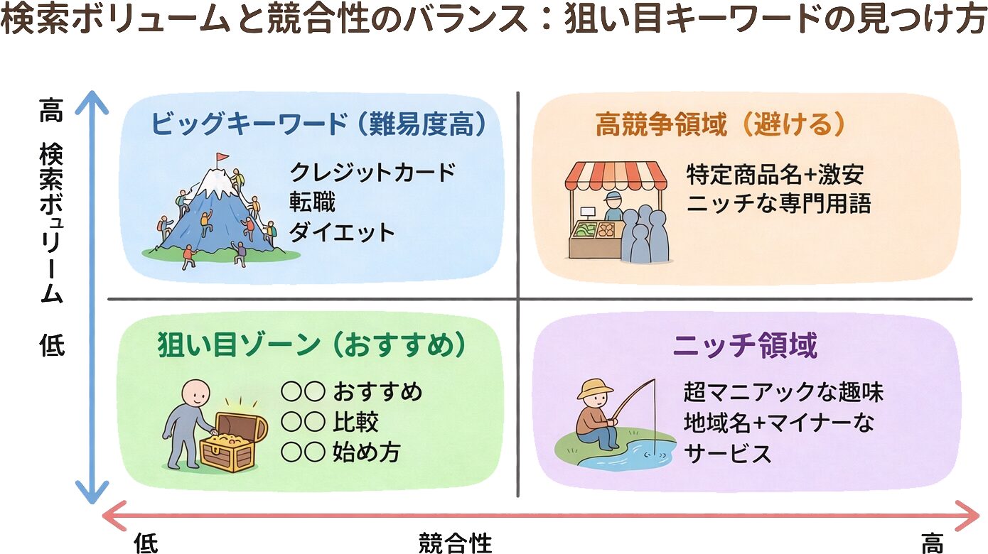検索ボリュームと競合性のバランスを示すマトリクス図