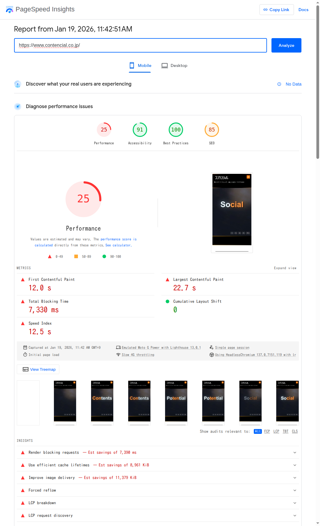PageSpeed Insightsの分析結果画面
