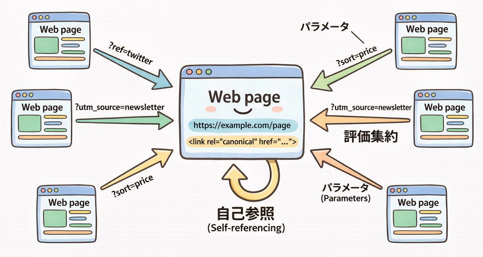 自己参照Canonicalの設定例と、パラメータが付与された場合でも正規URLに評価が集約される仕組み