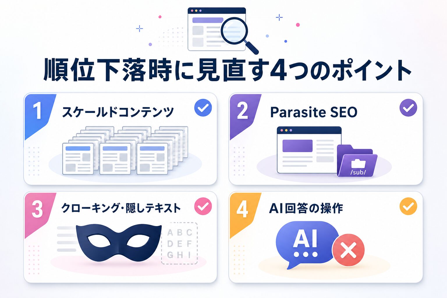 順位が下落したときに見直したい4つのポイント(スケールドコンテンツ・Parasite SEO・クローキング/隠しテキスト・AI回答の操作)を示すチェックリスト型インフォグラフィック
