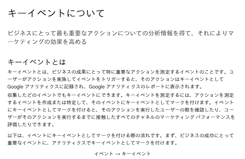 GA4 のヘルプ「キーイベントについて」の画面。キーイベントが何を指すのかという説明が書かれている