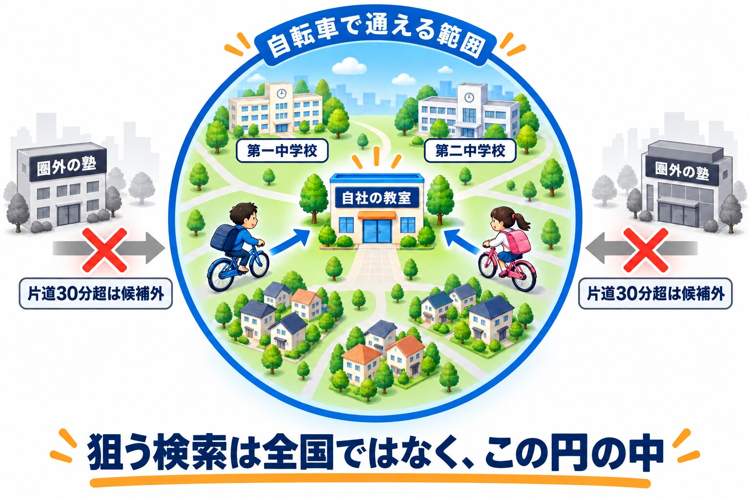 学習塾の商圏を示した図解。駅前の教室を中心に自転車で通える範囲の円を描き、その円の中に通学先の公立中学校と住宅地を配置する。円の外にある同規模の塾は候補に入らないことを示す
