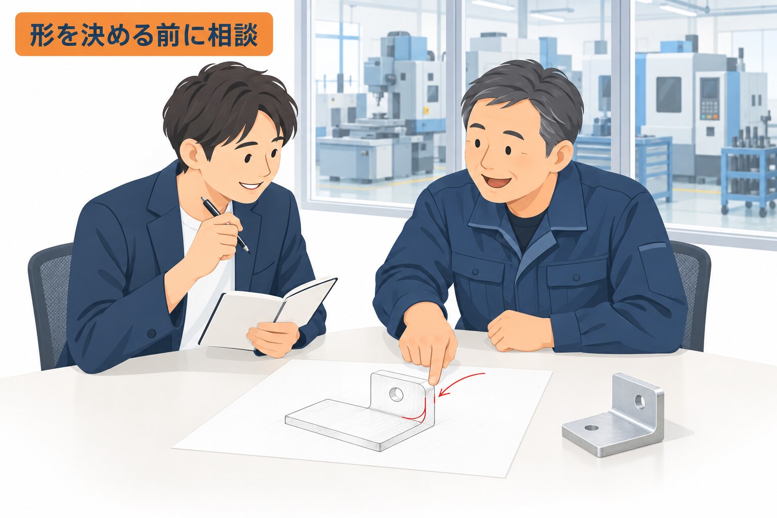 工場が見える打ち合わせ机で、作業着姿の社長と手帳を持った開発の設計者が手書きのスケッチを囲み、社長が赤ペンで丸みを書き込んだ角を指さしている様子と、「形を決める前に相談」というラベル