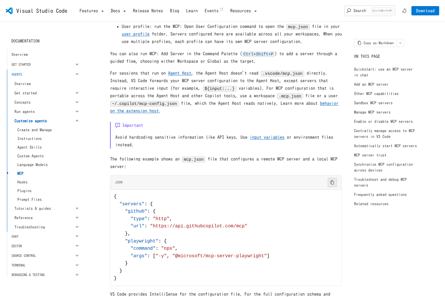 Visual Studio Code公式ドキュメントのMCPサーバー設定ページ。.vscode/mcp.jsonの記述例と、httpおよびstdioのサーバー定義が確認できる画面
